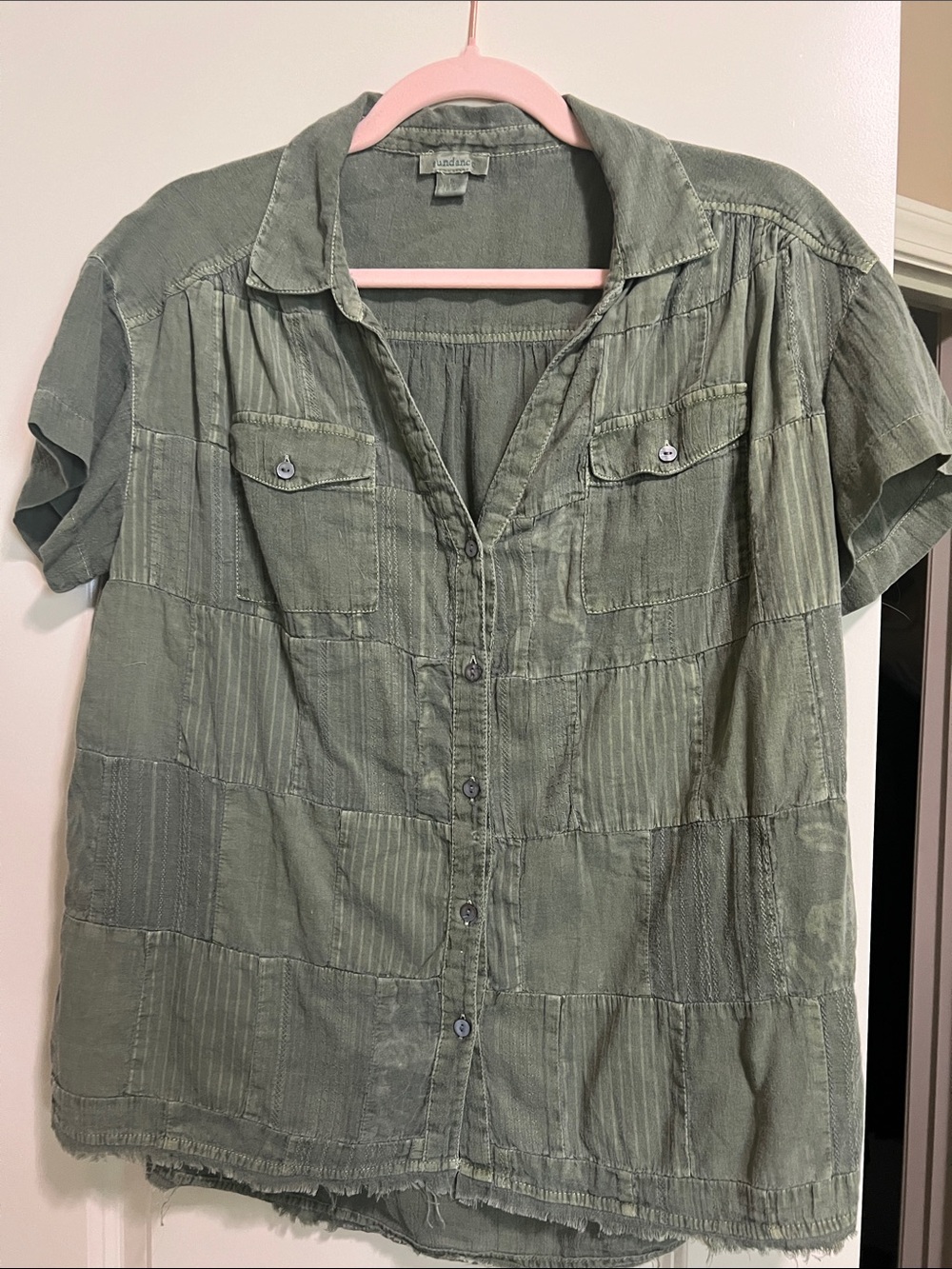 Sundance Olive Green Patchwork Button-Down Shirt H119 22” ptp